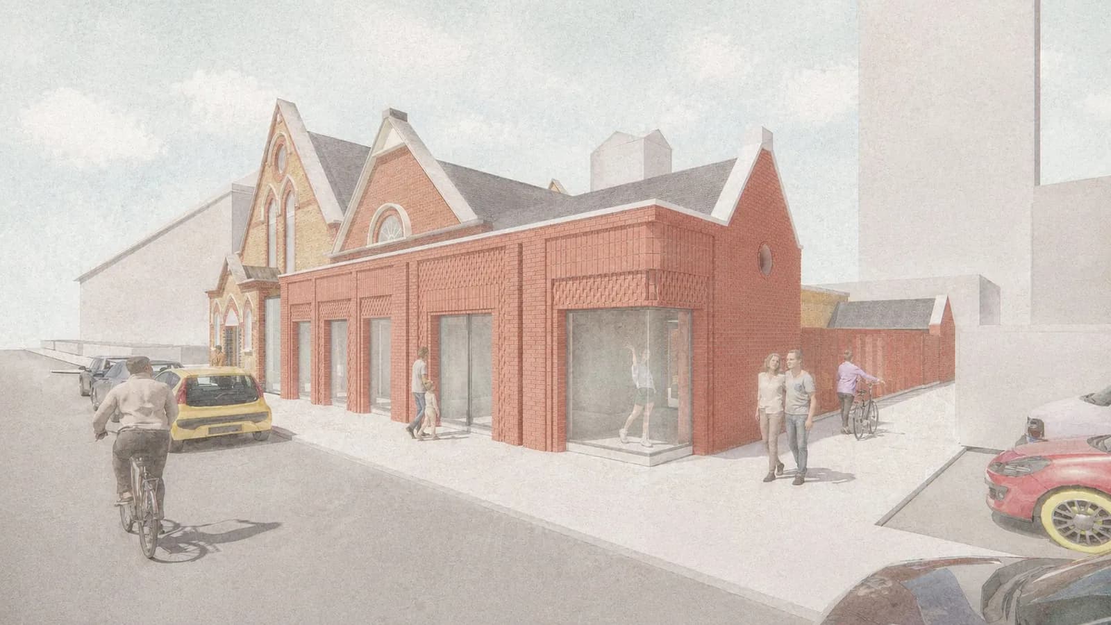 A watercolor-style architectural rendering depicts a two-story brick building with gabled roofs and several large windows on a street with people walking and cycling, and cars parked.